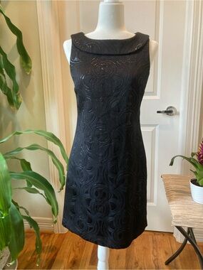 Black Sleeveless Textured Shift Dress with Wide Cowl Neckline